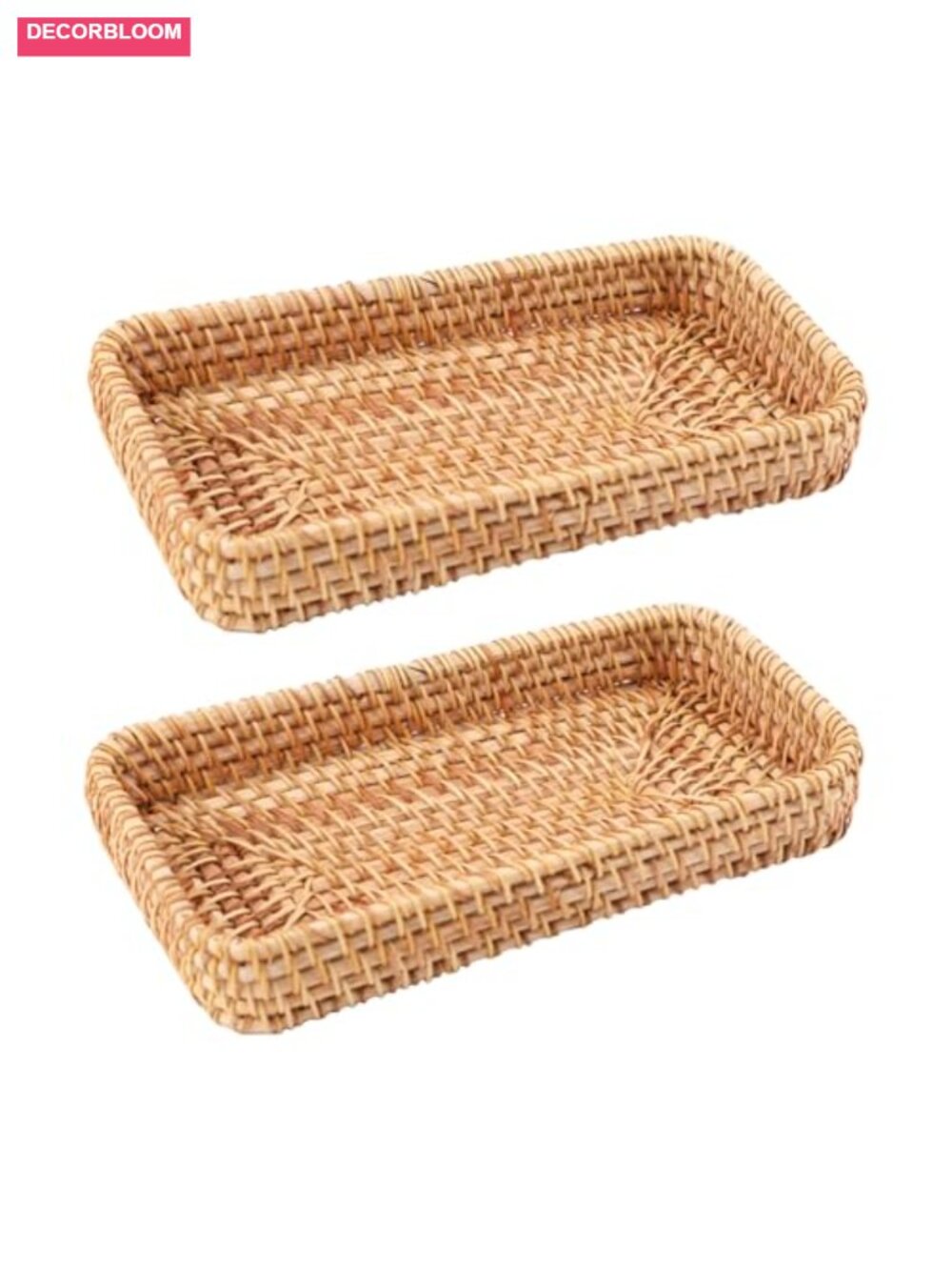 2 Pc Hand-Woven Rattan Wicker Storage Basket Rectangular Serving Tray